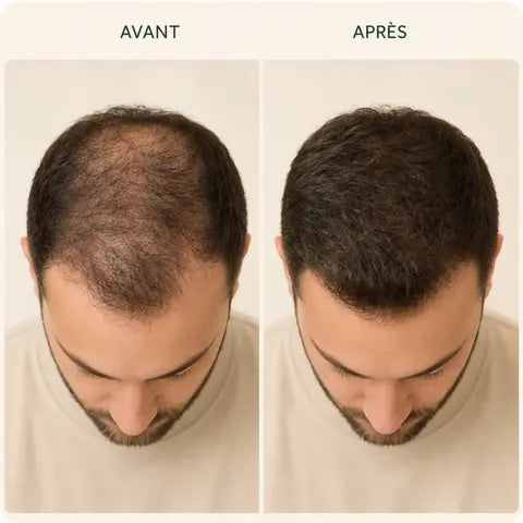Comparaison avant et après sur un homme, rituel capillaire KEROA