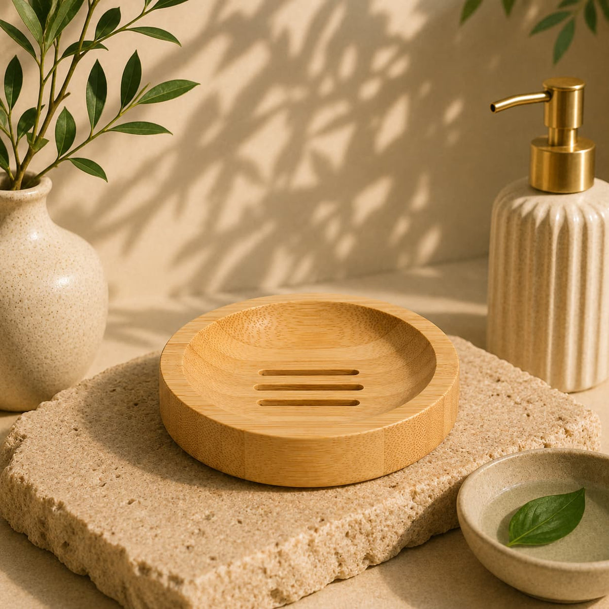 Porte-savon rond en bambou KEROA avec fentes de drainage